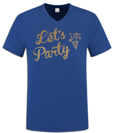 Party t-shirt  royal blue  V hals met gouden glitter bedrukking "Let's Party"