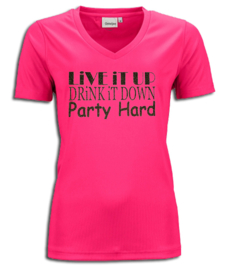 Party t-shirt dames pink Party hard zwart-gouden glitters