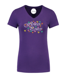 Party t-shirt dames paars met "Flower power"en bloemetjes