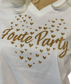 Foute party t-shirt  v-hals met gouden glitter opdruk Foute Party en hartjes