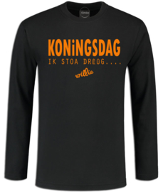 Koningsdag longsleeve heren zwart "Ik stao drêûg, willie"