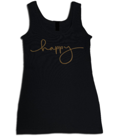 Tanktop zwart met gouden glitter opdruk "happy"