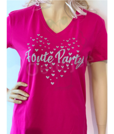 Foute party t-shirt dames pink v-hals zilver glitter opdruk hart