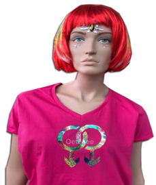 Roze zaterdag / gay pride t-shirt dames pink met glitter opdruk regenboogkleuren