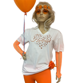 Koningsdagl t -shirt dames wit Holland en oranje glitter hart