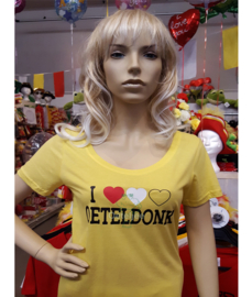 T-shirt dames geel met opdruk "I love Oeteldonk" lange of korte mouw