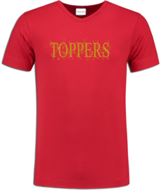 Toppers in Concert t-shirt rood opdruk "Toppers" en pijltjes goud