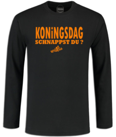 Koningsdag longsleeve heren zwart  " Schnappst du, willie "