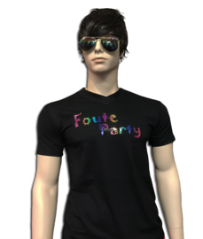 Foute party t-shirt heren zwart V-hals met multicolour opdruk