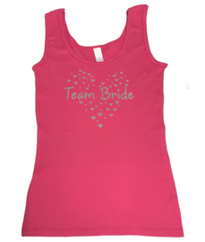 Tanktop vrijgezel roze "Team bride" met zilveren glitter hartjes