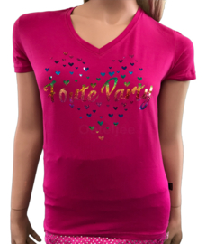 Foute party t-shirt dames pink met hartjes opdruk multicolour