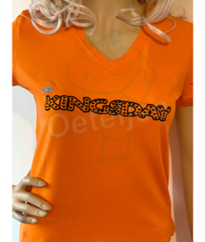T-shirt Koningsdag dames oranje met glitter kroontje en tekst kingsday
