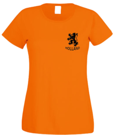 WK voetbal t-shirt dames oranje korte mouw leeuw en tekst holland