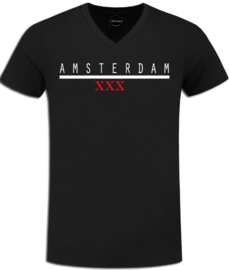 Zwart festival t-shirt V-hals met opdruk " Amsterdam XXX "