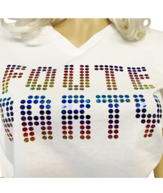 Foute party t-shirt m/v pink v-hals met bling bling strass look opdruk Foute Party