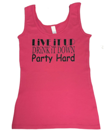 Tanktop fuchsia met zwarte glitter opdruk "Party hard"