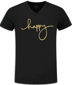 Zwart festival t-shirt met gouden glitter opdruk "Happy"