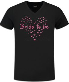 T-shirt zwart V-hals met pink glitter opdruk "Bride to be" en hartjes