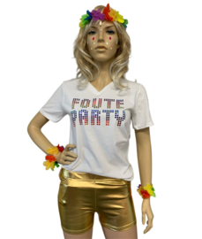 Foute party t-shirt m/v pink v-hals met bling bling strass look opdruk Foute Party