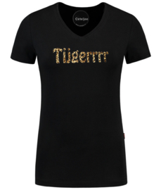Party t-shirt dames V hals zwart met tijgerrrr print opdruk