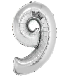 Folie ballon zilver cijfer 9 (100 cm)