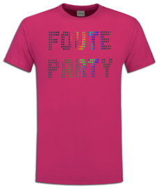 Foute party pink t- shirt heren ronde hals met multicolor bling bling opdruk