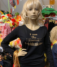 T-shirt Oeteldonk zwart k/l mouw met gouden glitter opdruk  "limited Oeteldonkster"