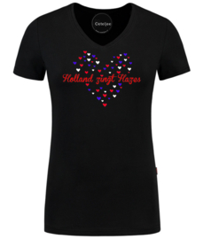Holland zingt Hazes t-shirt dames V hals zwart met rood wit blauwe hartjes opdruk