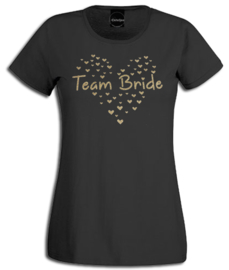 T-shirt ronde hals zwart met gouden glitter opdruk "Team Bride" en hartjes