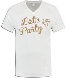 Party t-shirt wit V hals met gouden glitter opdruk "Let's Party"