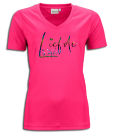 T-shirt  fuchsia roze maandag / gay pride met glitter rainbow tekst "Liefde is liefde"