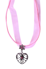 Ketting roze met hartje bedel zilverkleur