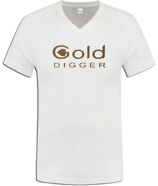 Dames V Hals T-shirt wit en gouden glittertekst "Gold Digger"