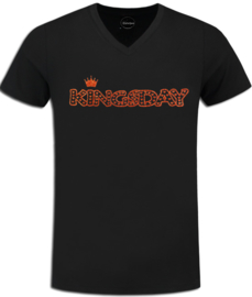 T-shirt Koningsdag dames zwart met oranje glitter kroontje en tekst kingsday