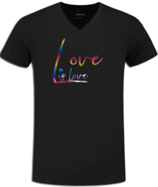 t-shirt zwart, roze maandag / gay pride met rainbow glitter tekst " Love is love "