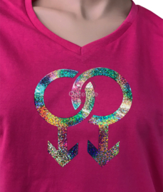 Roze zaterdag / gay pride t-shirt dames pink met glitter opdruk regenboogkleuren