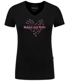 Holland zingt Hazes t-shirt dames V hals zwart met pink glitter hartjes opdruk