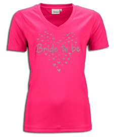 t-shirt vrijgezel "Bride to be" dames V-hals pink met glitter hartjes zilver