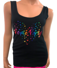 Foute party tanktop zwart met hartjes multicolour print