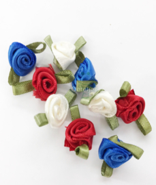Set van 9 satijnen mini roosjes rood wit blauw