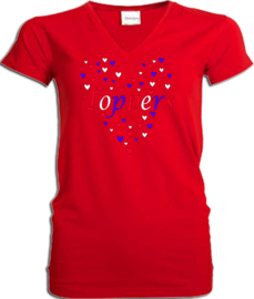 Toppers  in Concert t-shirt dames rood V hals met rood wit blauwe hartjes