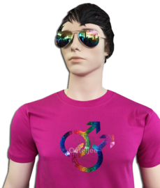 Roze zaterdag / gay pride t-shirt heren pink met glitter opdruk regenboogkleuren