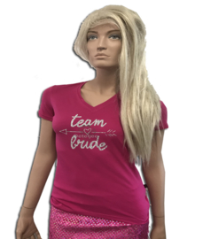 t-shirt vrijgezel "Team Bride" dames V-hals pink met zilver glitters