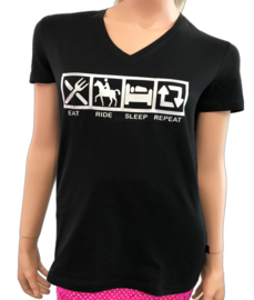 t-shirt Paardrijden: "Eat Ride Sleep Repeat" dames zwart