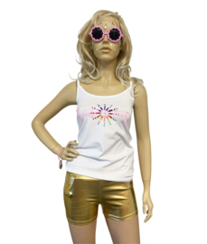 Witte spaghetti top dames met pink glitter opdruk "Foute Party " en bling bling