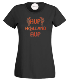 WK voetbal t -shirt dames zwart hup Holland hup oranje glitter