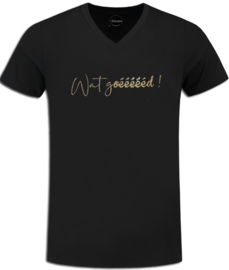 Zwart Chateau Meiland t-shirt met gouden glitter opdruk "Wat goéééééd"