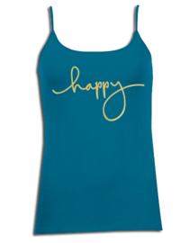 Spaghetti top blauw met gouden glitter opdruk "happy"