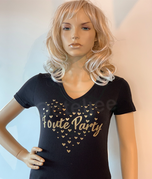 Sortie registreren Ongeschikt Foute party t-shirt dames zwart v-hals goud opdruk hart | Foute party  kleding | Oeteljee Den Bosch
