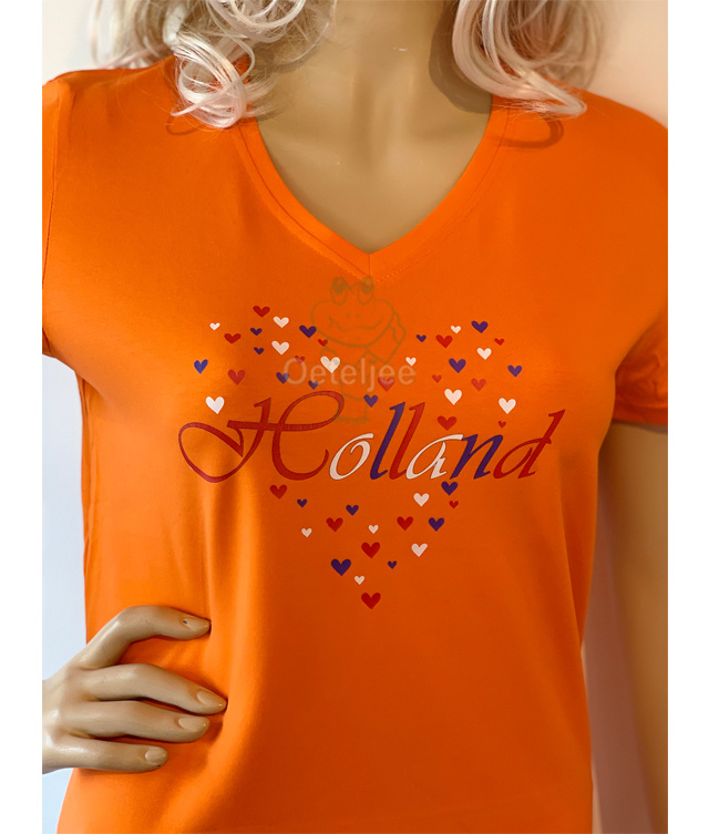 T-shirt Koningsdag dames met hartjes Holland opdruk | Koningsdag shirts/ WK 2023 oranje feestkleding | Oeteljee Den Bosch